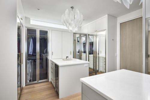walk in closet with mirrors and built in glass display cabinets